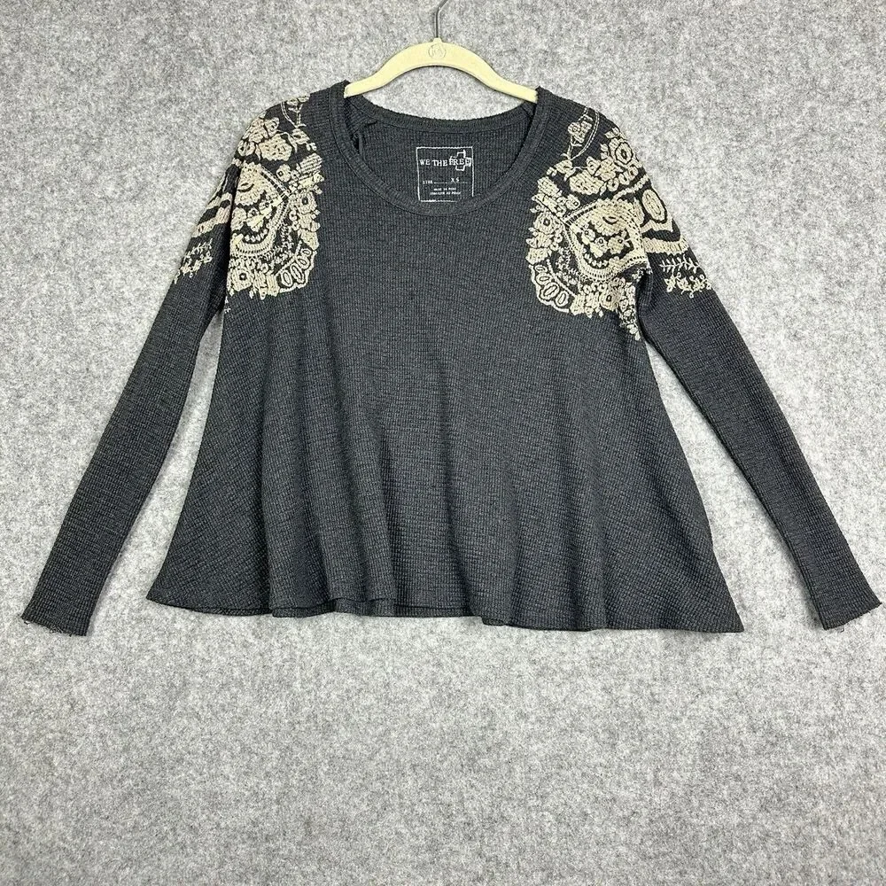 We the Free People Rockabilly Top Womens XS Gray Raglan Thermal Waffle Swing
